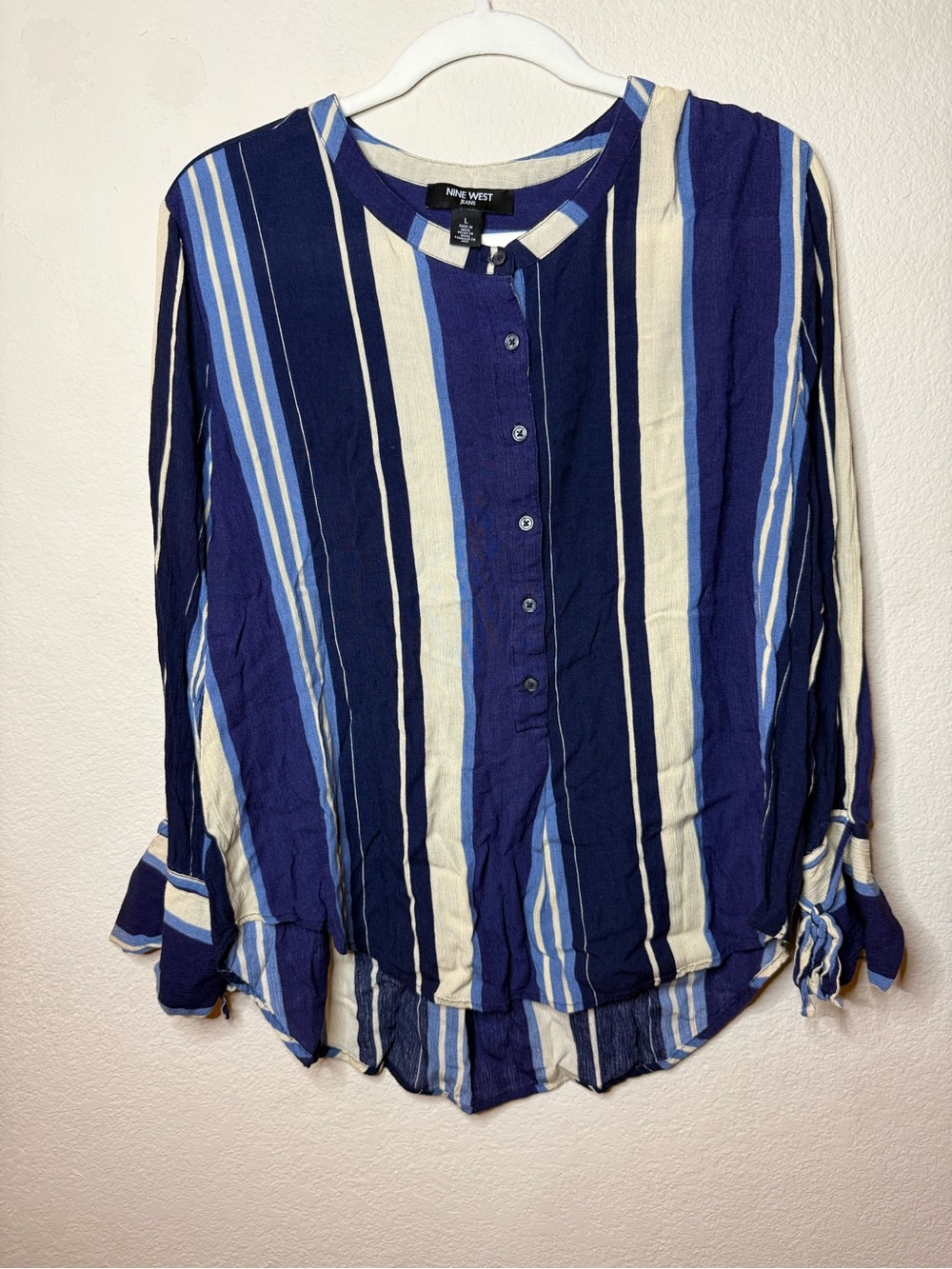 Nine West Blue & Cream Striped Button-Front Women's Top